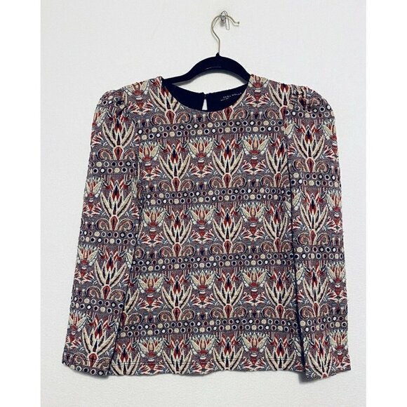Zara Top Womens Small Shimmer Brocade Long Sleeves Puff Shoulder Boho - Picture 1 of 5